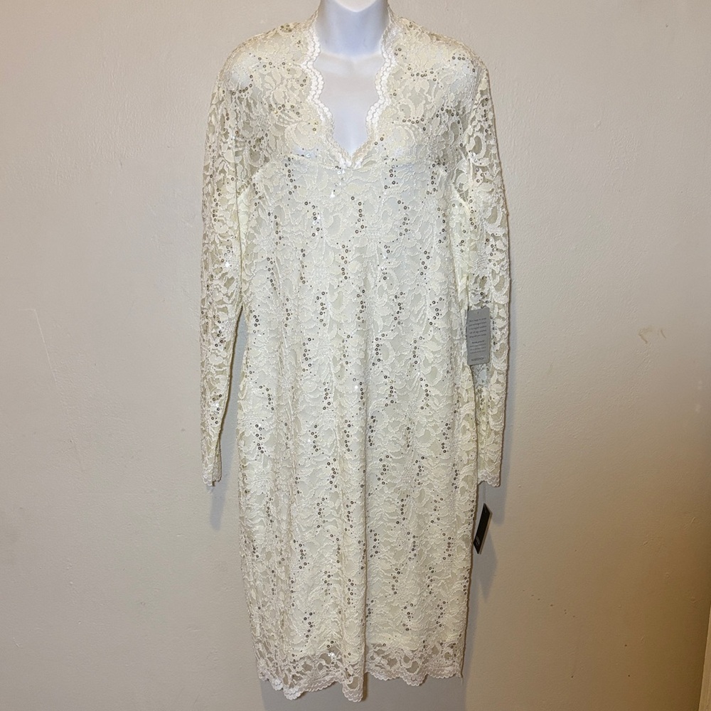 MARINA Cream Lace Long-Sleeve Sheath Dress